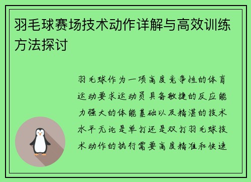 羽毛球赛场技术动作详解与高效训练方法探讨