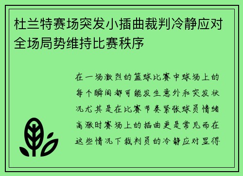 杜兰特赛场突发小插曲裁判冷静应对全场局势维持比赛秩序